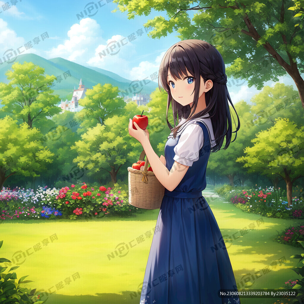 田园 苹果树 提篮子的女孩