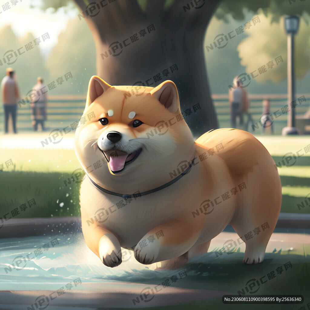 一只在公园玩水的柴犬