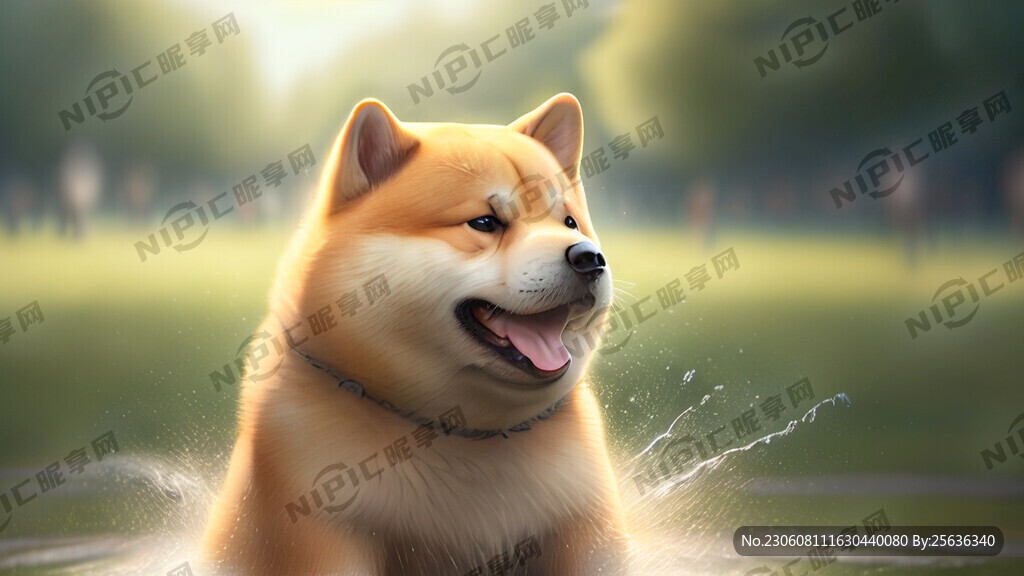 一只在公园玩水的柴犬