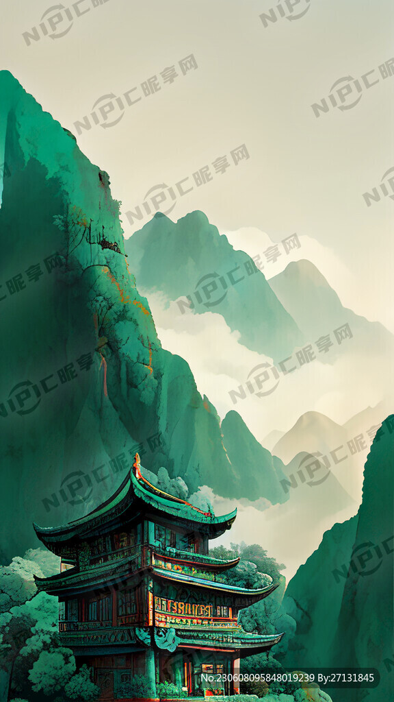 群山翠绿古建筑