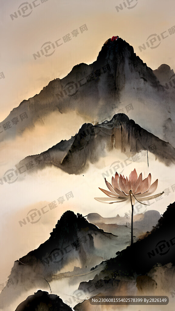 莲花 山 意境 水墨风 暖色
