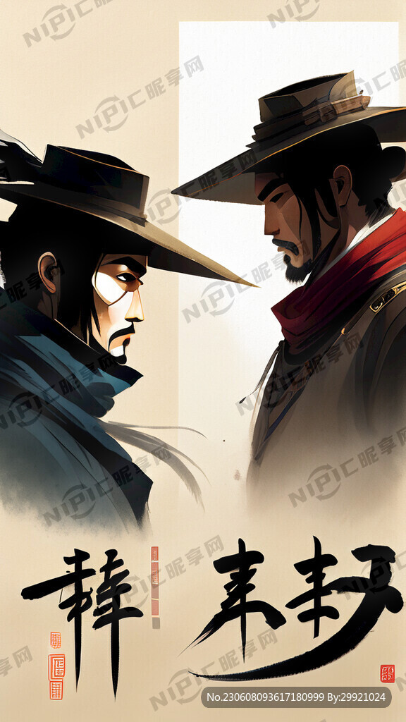 两个侠客 对决 中国风 中国画
