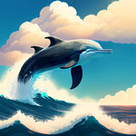 天空，海洋，海豚在海洋上空跳跃