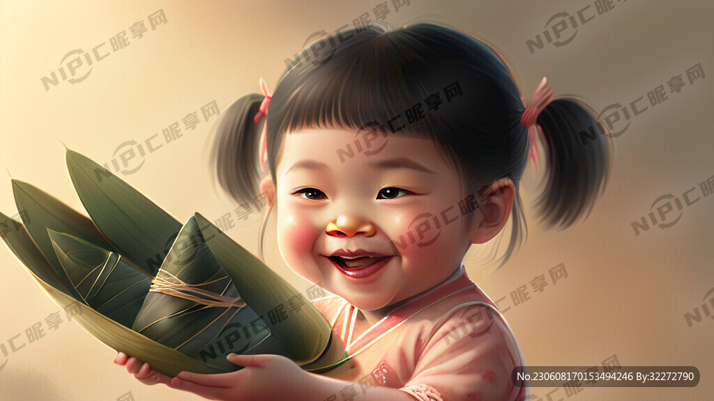 抱着粽子开心的小女孩