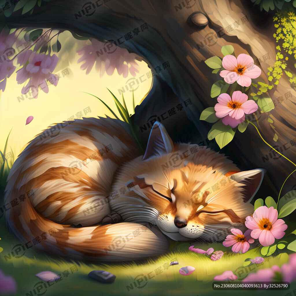 一只狸花猫 在树下树下睡觉