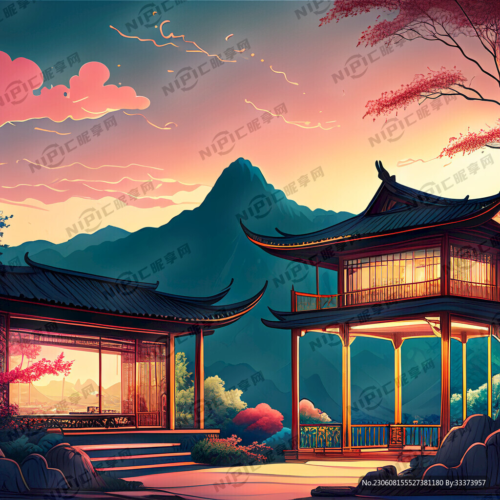 一个亭子旁边有竹子 后面有山