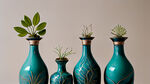 三个具有植物自然流线创意的蓝绿色陶瓷酒瓶金属酒盖