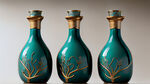 三个具有植物自然流线创意的蓝绿色陶瓷酒瓶金属酒盖烫金酒标签