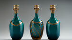 三个不同形状流线创意的蓝绿色陶瓷酒瓶金属酒盖烫金工艺