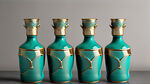 三个获奖流线创意的蓝绿色陶瓷酒瓶金属酒盖烫金工艺