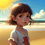 小女孩，海滩，阳光灿烂，卡通风格，细腻