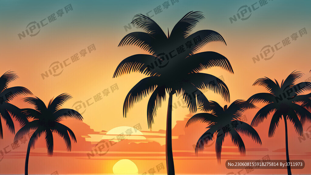 大海沙滩夕阳椰树