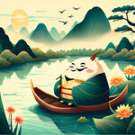 几个粽子的卡通人物在河流赛龙舟展现欢乐的气氛背景有长沙地标和长沙后湖艺术园