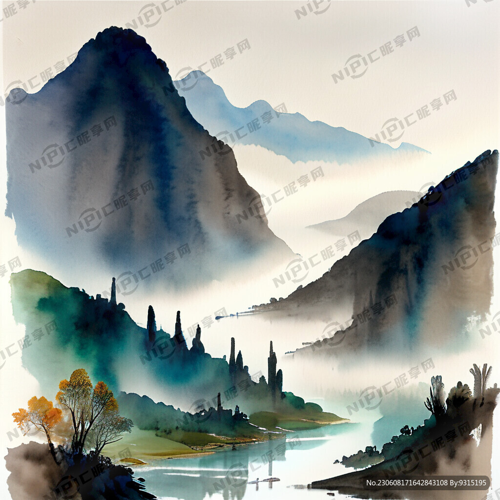 山谷 中国风 中国画 湖水
