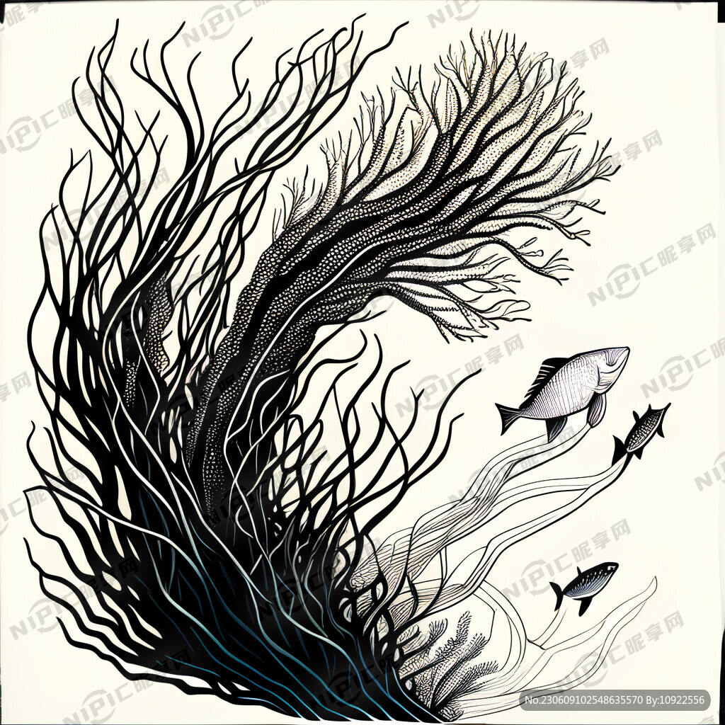 海洋 海鱼 海藻 线型画 黑白