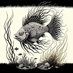 海鱼，海藻，线画，黑白，