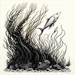 海鱼，海藻，黑白线型画