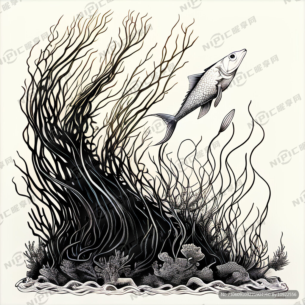 海鱼 海藻 黑白线型画