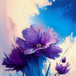 渐变的紫色花朵；精致的笔触；唯美；油画；梵高；蓝天；正对着花蕊；自然光；近景