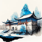 哈尔滨标志性建筑组合，中国历史文化古城，冰雪世界，蓝天，中国风