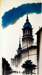 水墨画，建筑为主的哈尔滨，大片蓝天