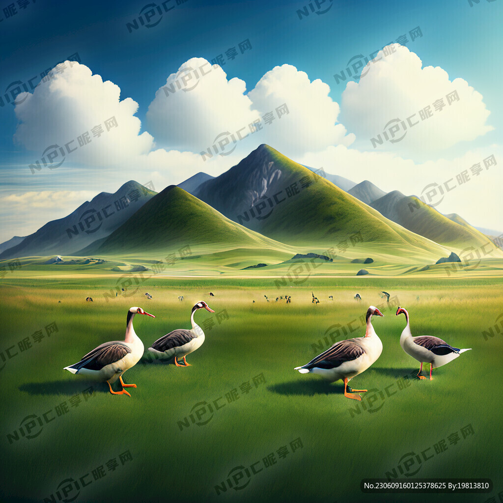 一群鹅在蓝天白云绿水青山的草地