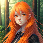 现代动漫少女，橙色头发，面容精致，毛发精致，立体，背景森林，路，CG，超细节，超高清，水彩画，远景