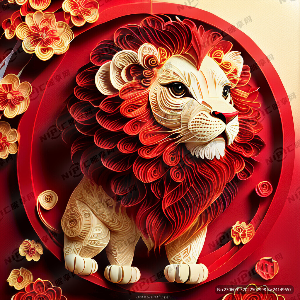 衍纸艺术 春节 可爱狮子 红梅