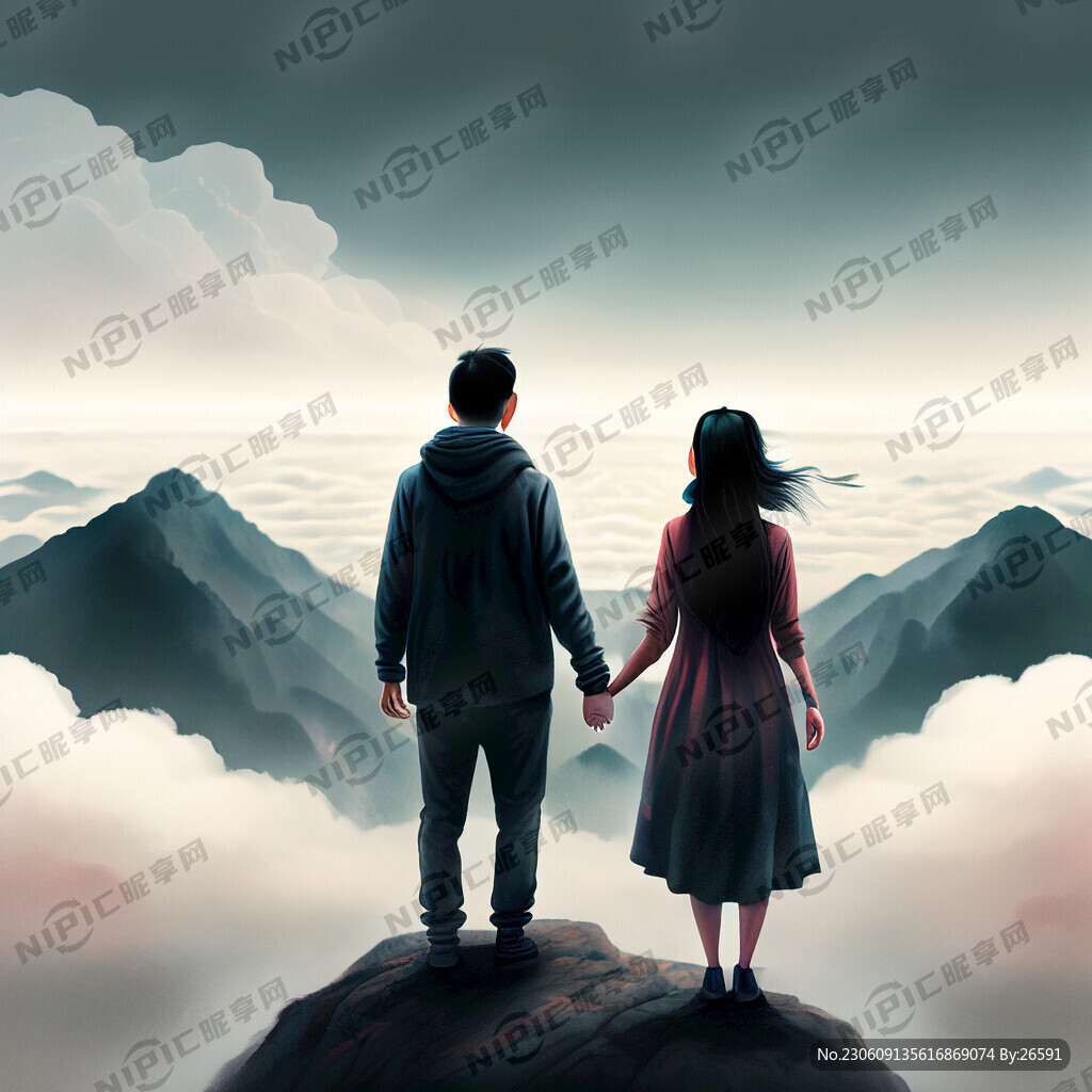 胡须男子与美女手牵手站在山顶看