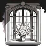 古典窗户，一束简单的花朵，黑白插画