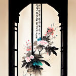 中式古典窗户，一堆简单的花朵，黑白插画