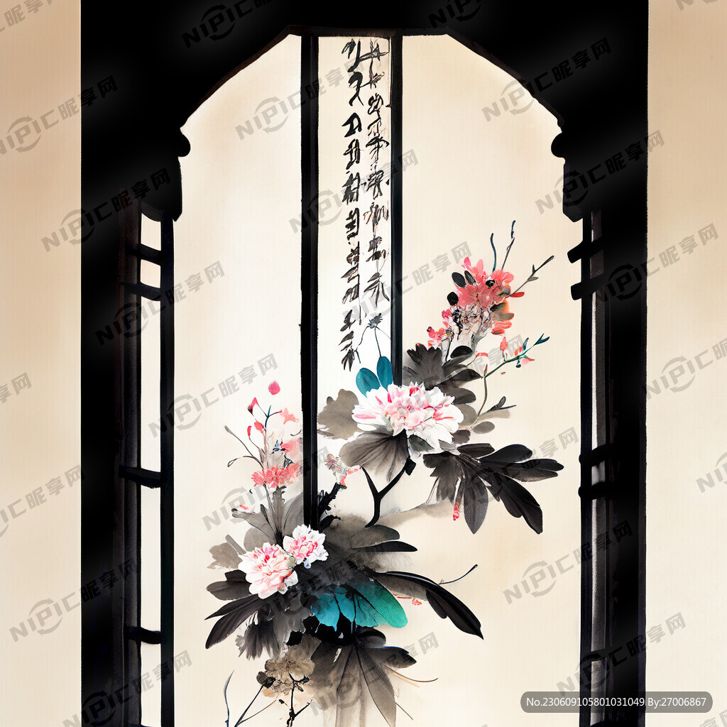 中式古典窗户 一堆简单的花朵