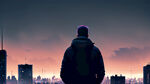 一个人站在城市的最高屋顶欣赏繁华夜景，画面只显示人物背影，主要突出城市繁华的夜景