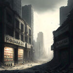 城市废墟，药店，灰色天空，质感，末日，高质量，细节
