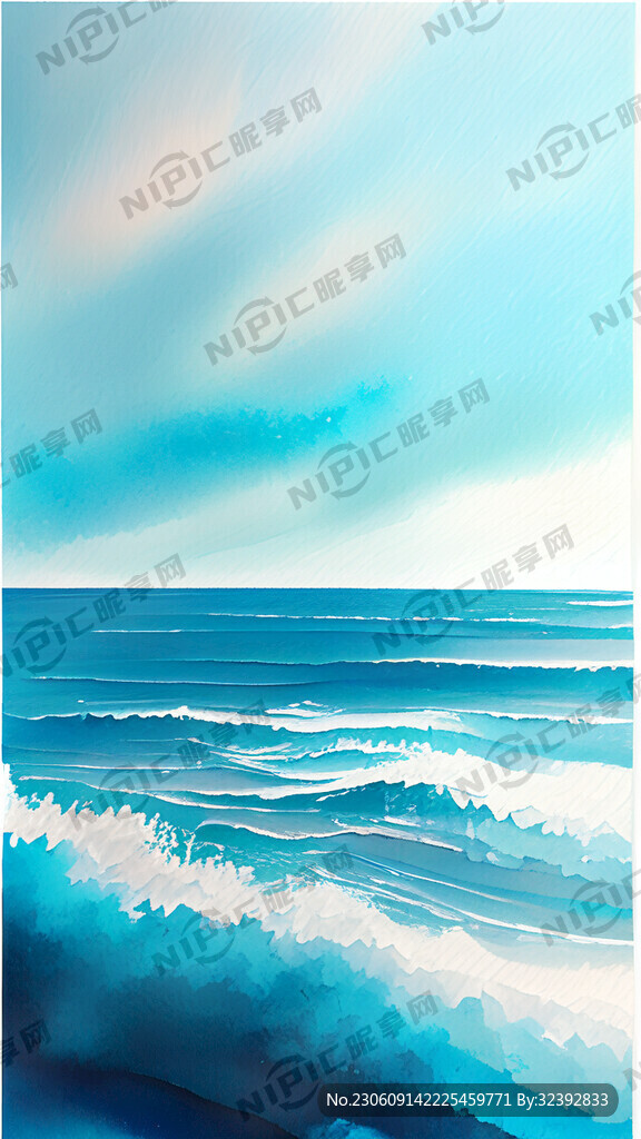 插画 浅蓝色调 海与天 清新