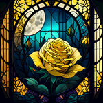 黑暗中的彩色玻璃，黄色玫瑰花，梦幻场景，月亮，