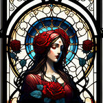 黑暗中的彩色玻璃，红色玫瑰花，梦幻场景，月亮，哥特圣母光环