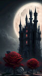 黑暗中的城堡，红色玫瑰花，梦幻场景，月亮，哥特多重光环，时钟，象棋，锁链
