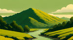 茶山，河流，绿色，黄色