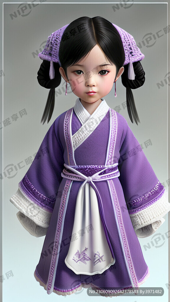 服装设计钩针儿童汉服紫色