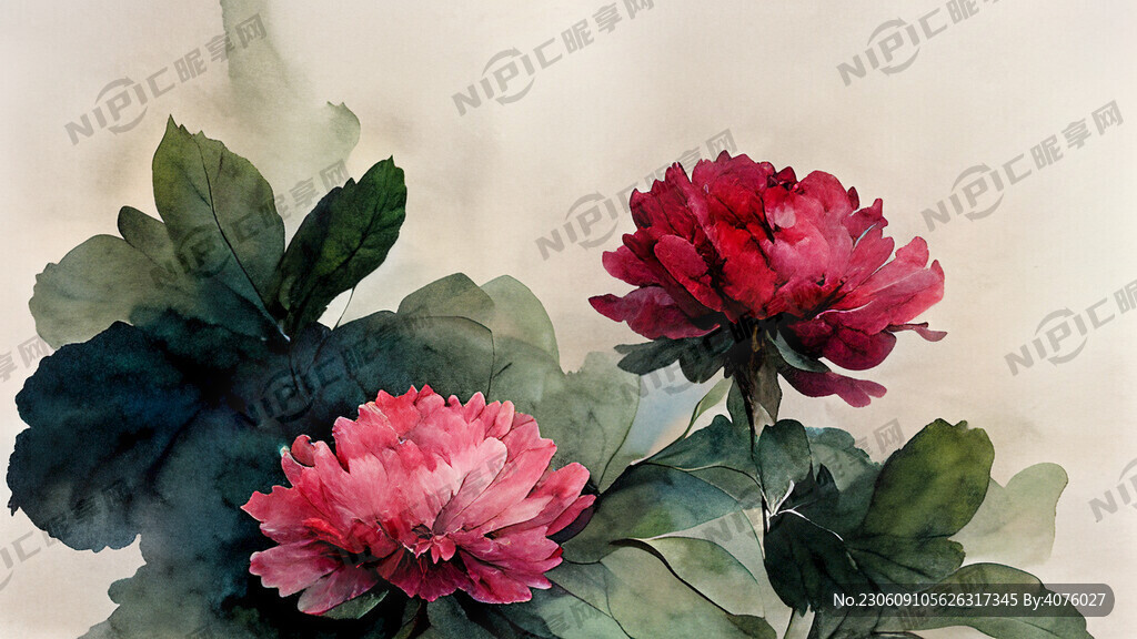 大幅牡丹画 绿叶红花
