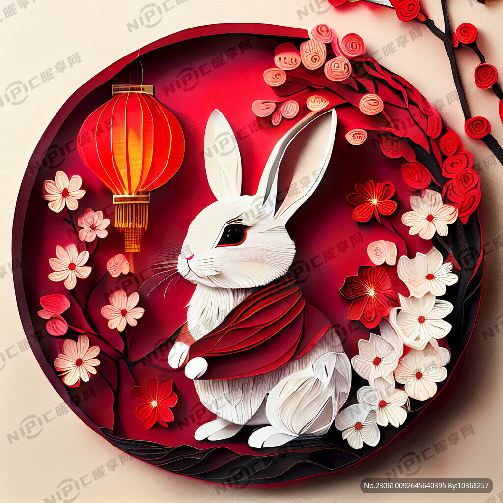 衍纸艺术 春节 可爱兔子 红梅