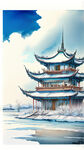 中国风，哈尔滨地标建筑，冰雪，大片蓝天白云