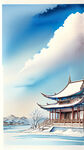 中国风，哈尔滨地标建筑，冰雪，大片蓝天白云