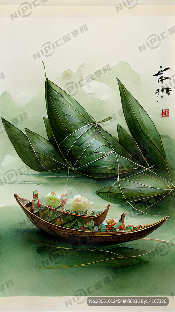绿色 端午节 龙舟和粽子 茶叶