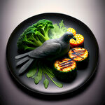 黑色圆盘子盘底有绿色打底蔬菜上放一只烤乳鸽热腾腾的烟雾
