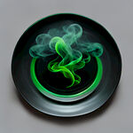 黑色圆盘子盘底有绿色打底热腾腾的烟雾