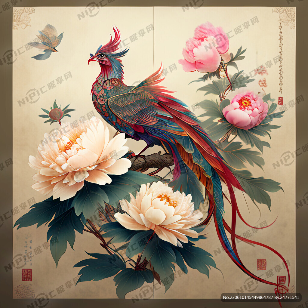 牡丹花为主图 上面有中国龙和凤