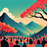 在山谷唱歌，摇滚的人群，山楂树，色彩鲜艳撞色，扁平风