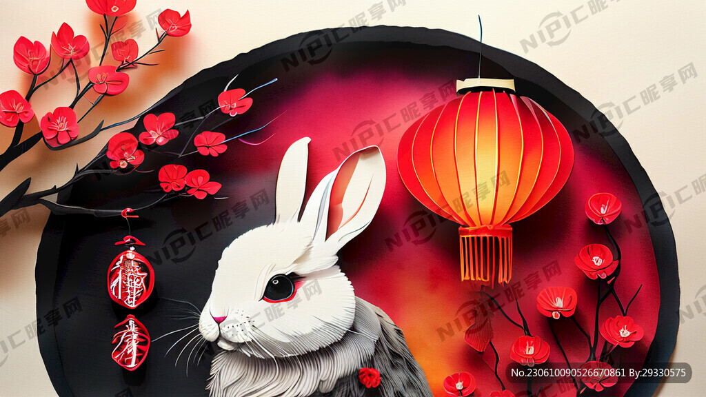 衍纸艺术 春节 可爱兔子 红梅